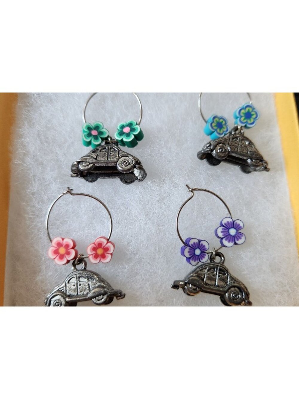 Wine Glass Charms Silver VW Bug Charms and Flowers Beads Set 4 Charms